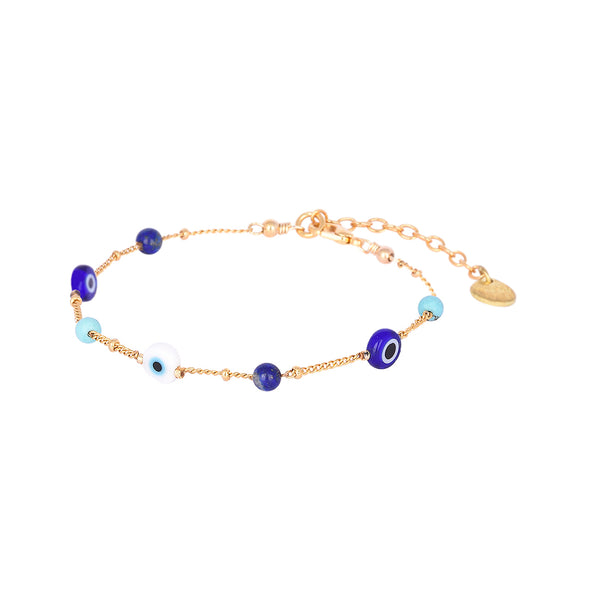 Adjustable gold plated bracelet with evil eyes