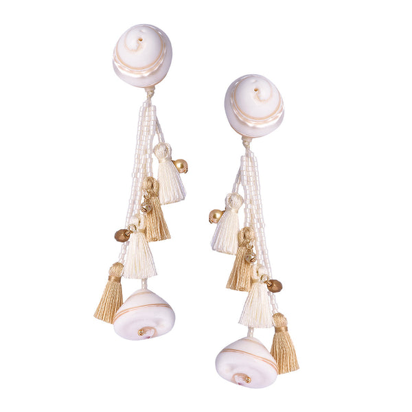 Chandelier stud earrings with shells and tassels