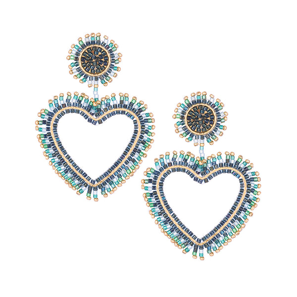 Stud earrings with fringe gold plated and beaded heart