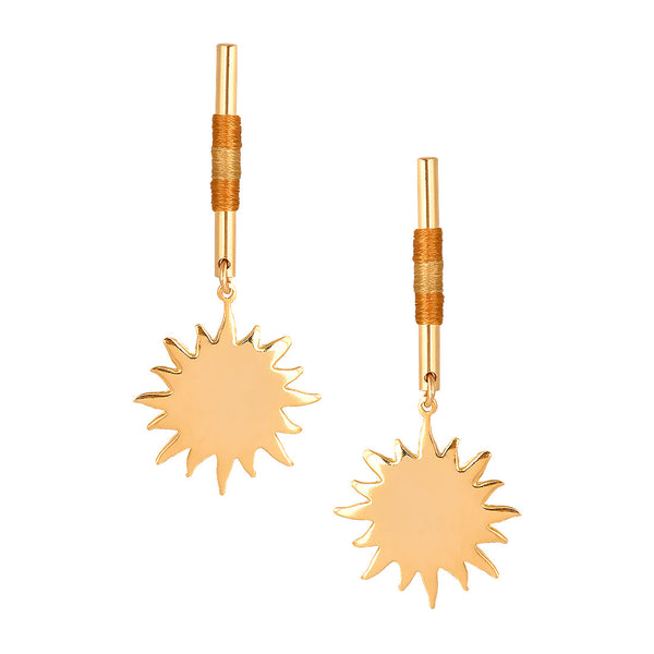 Bar earrings with woven threads and suspended sun charm