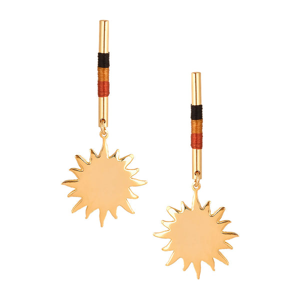 Bar earrings with woven threads and suspended sun charm