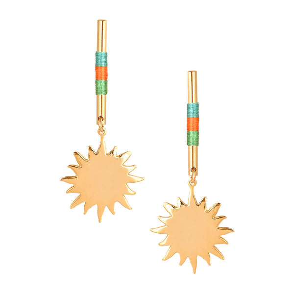 Bar earrings with woven threads and suspended sun charm