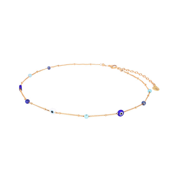 Adjustable gold plated choker with evil eyes