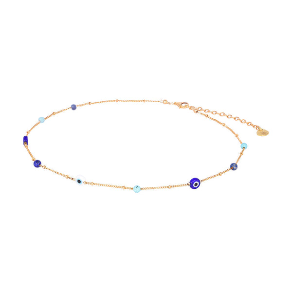 Adjustable gold plated choker with evil eyes