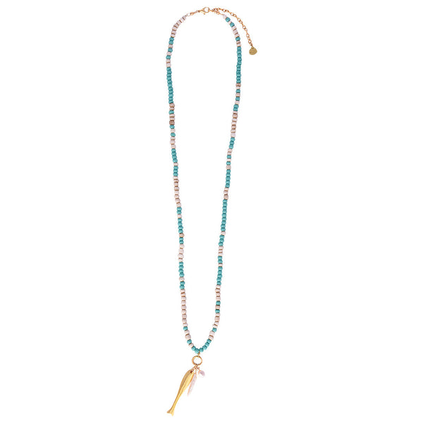 Czech & African Bead Necklace with Gold plated Fish Charm