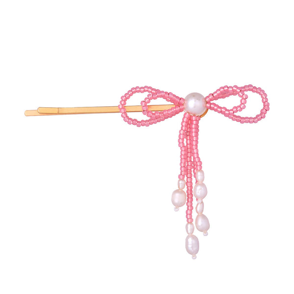 Hair Pin pink gold plated beaded Bow