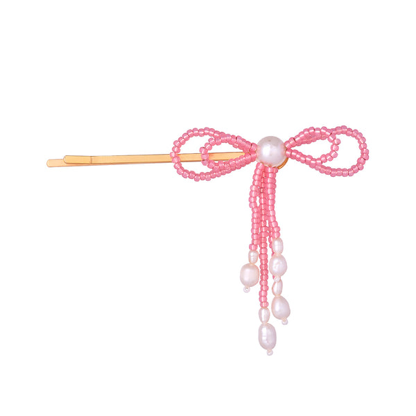 Hair Pin pink gold plated beaded Bow